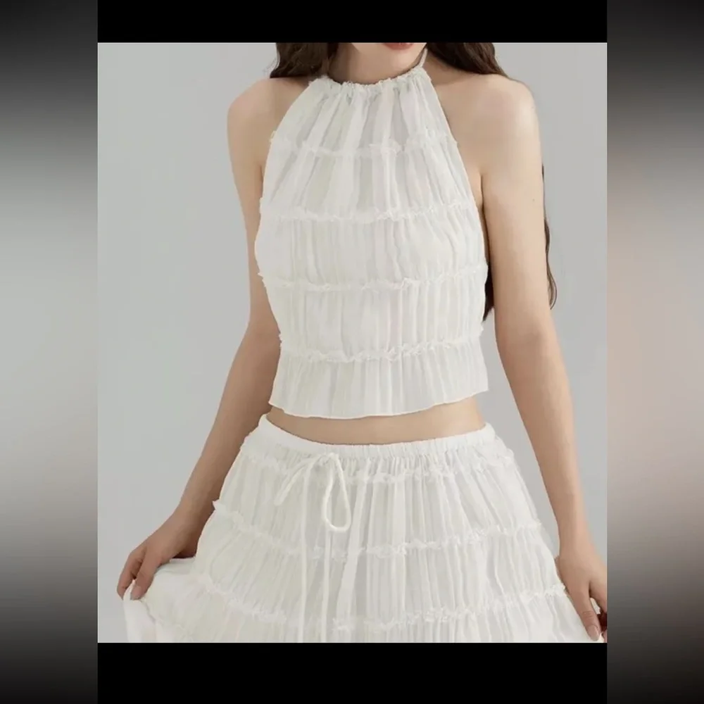 Women's Lightweight Breathable White Lace Backless Sleeveless Top & Skirt M - Picture 6 of 6